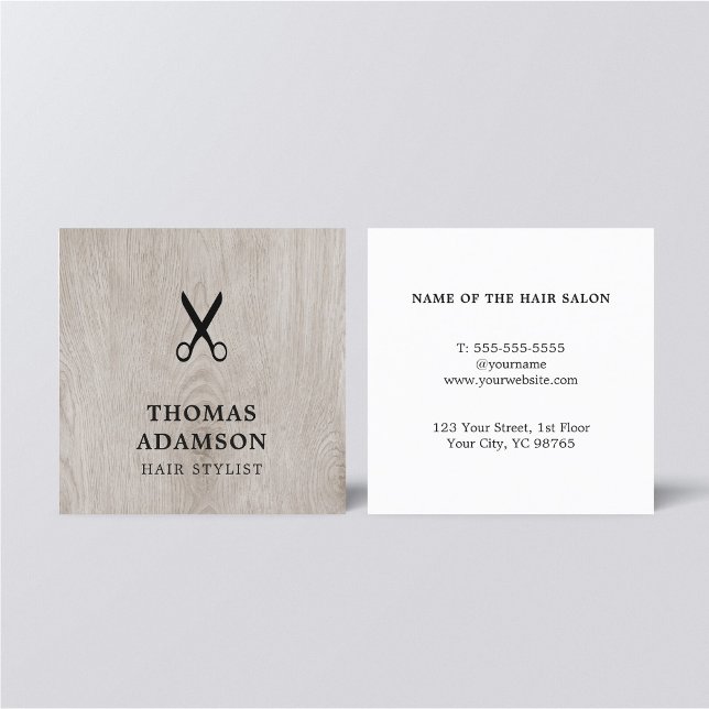 Minimal Elegant Wooden Black Scissor Hair Stylist Square Business Card (Creator Uploaded)