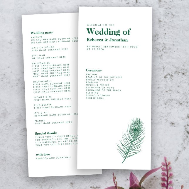 Minimal Emerald Green Feather Wedding Program (Creator Uploaded)