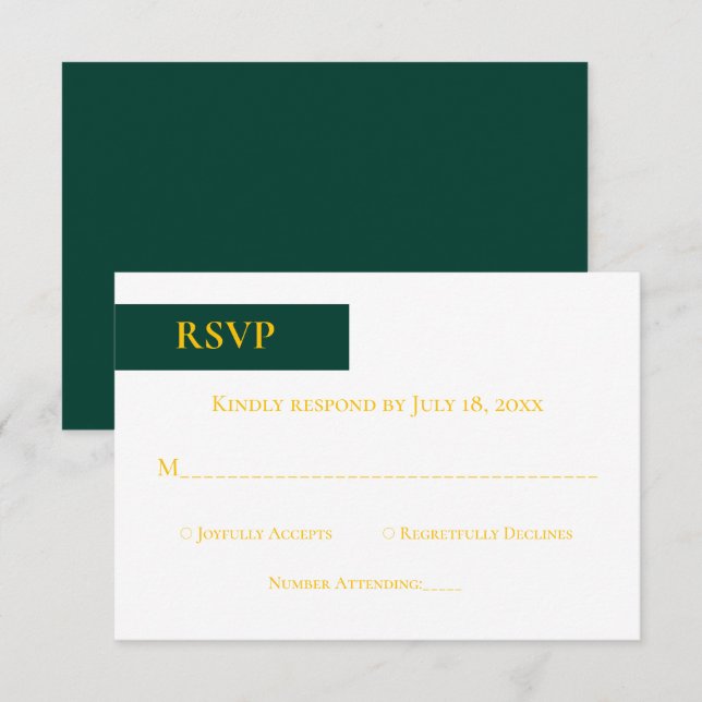 Minimal Emerald Green Gold Monogram Classy Wedding RSVP Card (Front/Back)
