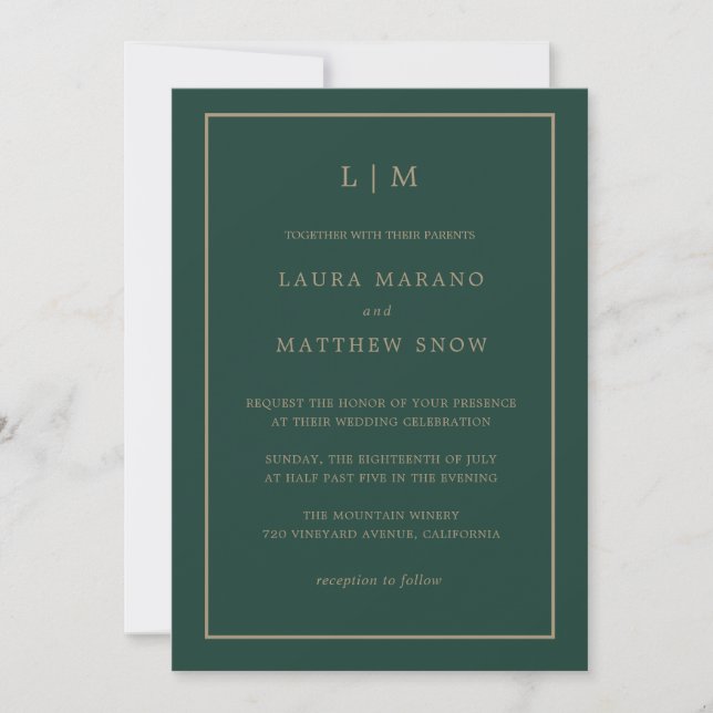 Minimal Emerald Green Monogram Simple Wedding Invitation (Front)