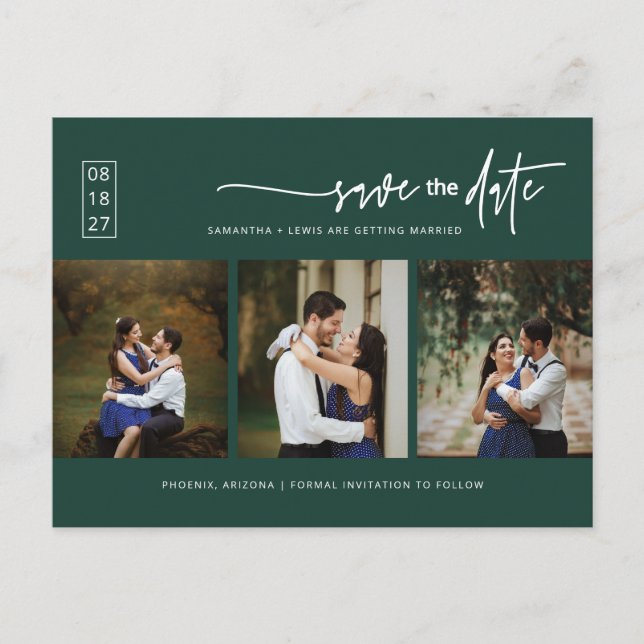 Minimal Emerald Green Photo QR Code Save the Date Postcard (Front)
