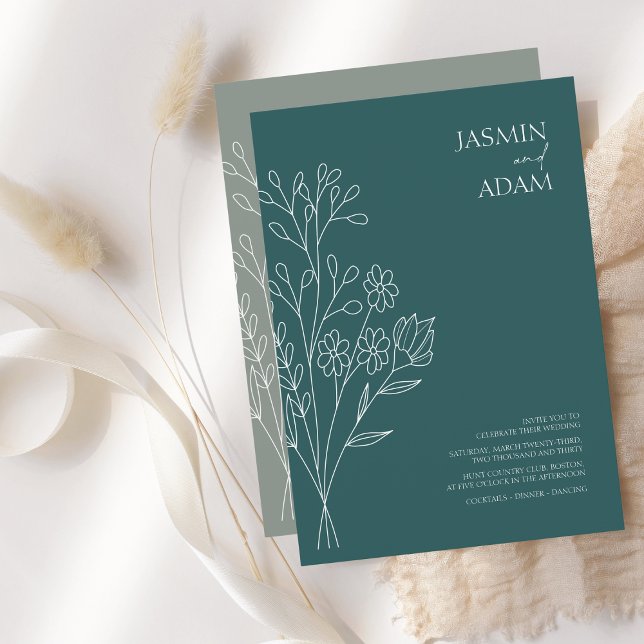Minimal Emerald Green White Wildflowers Wedding Invitation (Creator Uploaded)