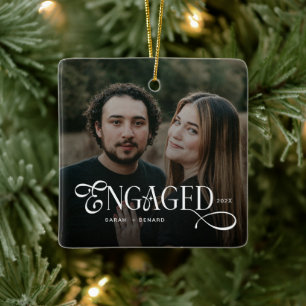Minimal Engaged Couples Photo Stylish Christmas Ceramic Ornament