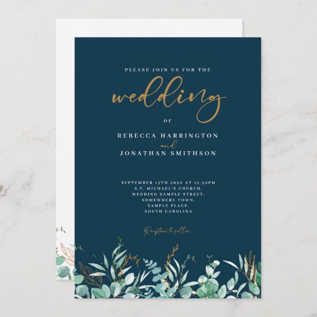 Minimal Eucalyptus Leaf Gold Navy Wedding Invitation (Front/Back)