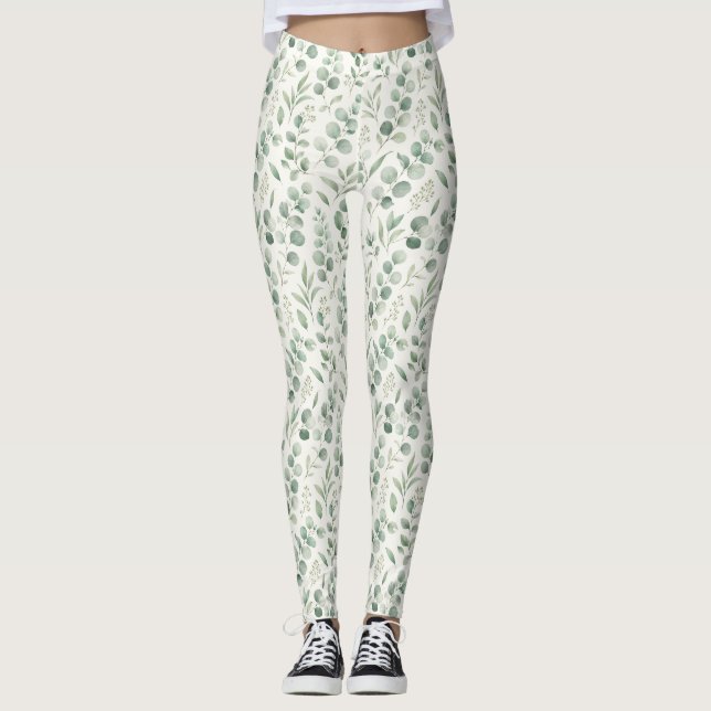 Minimal Eucalyptus Leaves Seamless Pattern Leggings (Front)