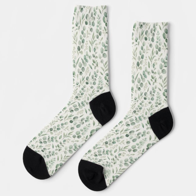 Minimal Eucalyptus Leaves Seamless Pattern Socks (Left)