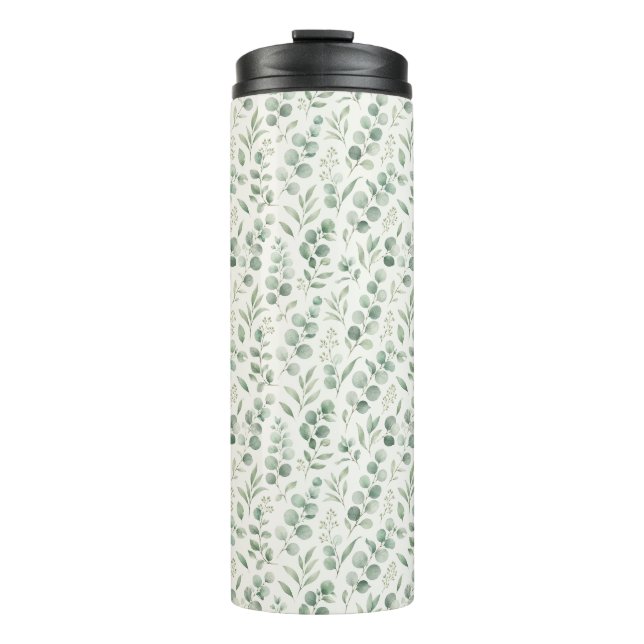 Minimal Eucalyptus Leaves Seamless Pattern Thermal Tumbler (Front)