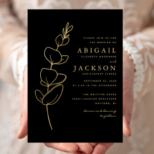 Minimal Eucalyptus Line Drawing Black Gold Wedding Invitation