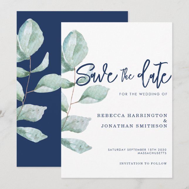 Minimal Eucalyptus Navy Blue Wedding Save The Date Invitation (Front/Back)