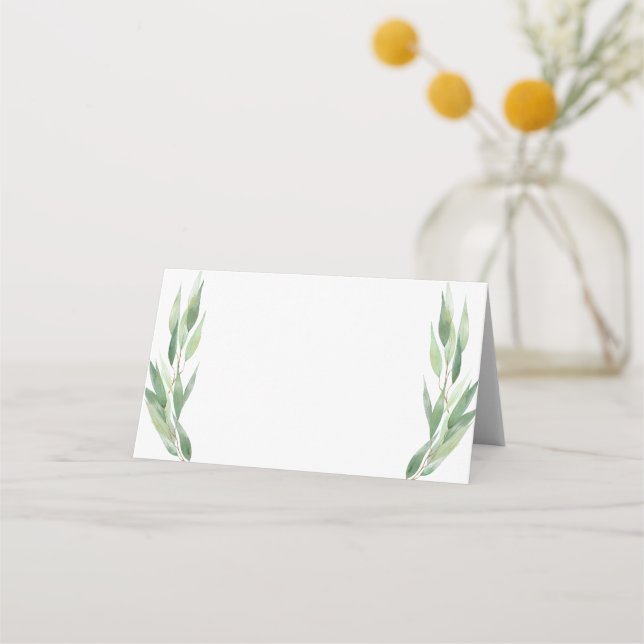 Minimal Eucalyptus Watercolor Leaves Wedding Guest Place Card (Front)
