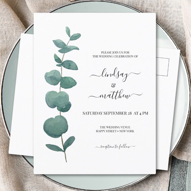 Minimal Eucalyptus Wedding  Invitation Postcard (Creator Uploaded)