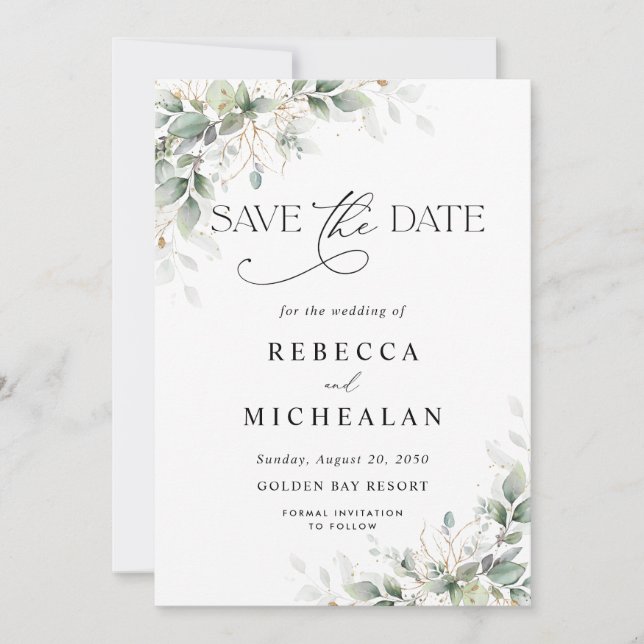 Minimal Eucalyptus Wedding Save The Date Invitation (Front)