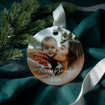 Minimal Family Photo Custom Name Script & Year Ornament<br><div class="desc">Simple,  minimal,  and modern family photo with family name overlay in white script.</div>