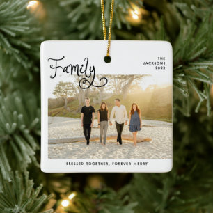 Minimal Family Photo Whimsical Merry Christmas Ceramic Ornament
