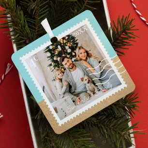 Minimal Family Photos Postage Stamps Personalized Metal Tree Decoration