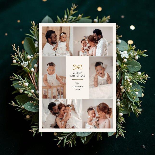 Minimal Faux Foil Bow Six Photo Collage Christmas Holiday Card (Creator Uploaded)