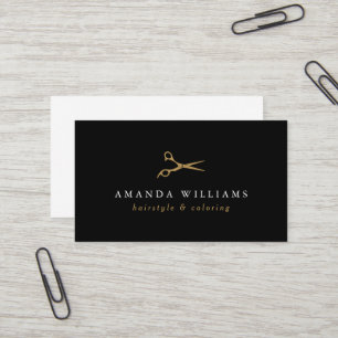 Minimal Faux Gold Scissors Hair Stylist Black Business Card