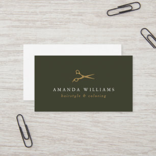 Minimal Faux Gold Scissors Hair Stylist Dark Green Business Card