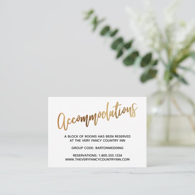 Minimal Faux Gold Typography Wedding Accommodation Enclosure Card (Standing Front)