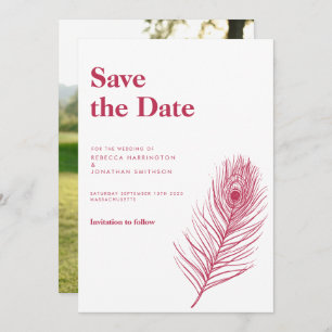 Minimal Feather Magenta Wedding Save The Date Invitation