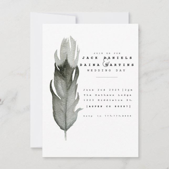 Minimal Feather Watercolor Wedding Invite (Front)
