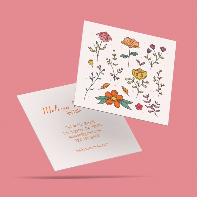Minimal Feminine Floral Butterfly Colourful Script Square Business Card (Creator Uploaded)