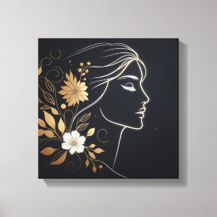 Minimal Feminine Line Art with Golden Flowers Canvas Print