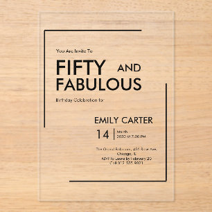 Minimal Fifty and Fabulous 50th Birthday Party Acrylic Invitations