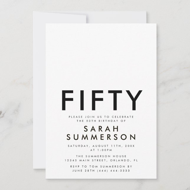 Minimal Fifty Black White 50th Birthday Invitation (Front)