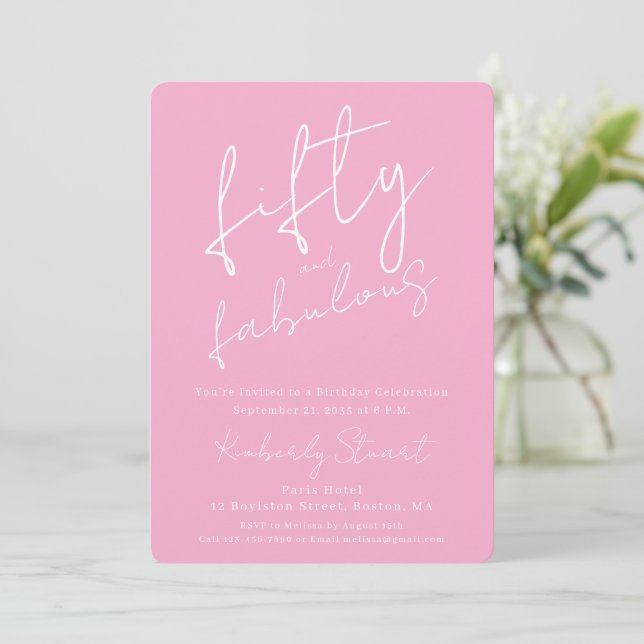 Minimal Fifty & Fabulous 50th Script Pink Birthday Invitation (Standing Front)