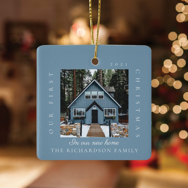 Minimal First Christmas In Our New Home 2 Photo Ceramic Ornament (Creator Uploaded)