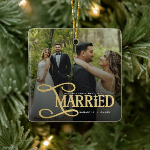 Minimal First Christmas Married Couples 2 Photos Ceramic Ornament