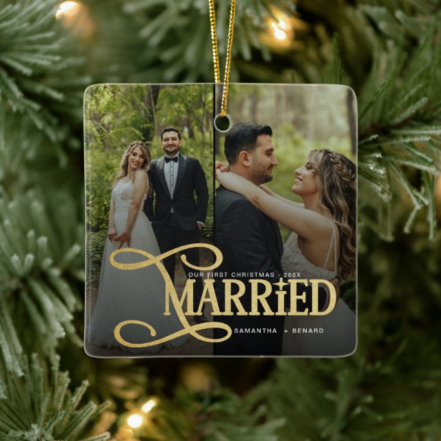 Minimal First Christmas Married Couples 2 Photos Ceramic Ornament (Tree)