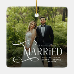 Minimal First Christmas Married Couples 2 Photos Ceramic Ornament