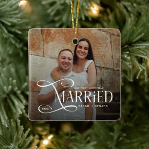 Minimal First Christmas Married Couples 2 Photos Ceramic Ornament