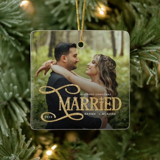 Minimal First Christmas Married Couples 2 Photos Ceramic Ornament (Tree)