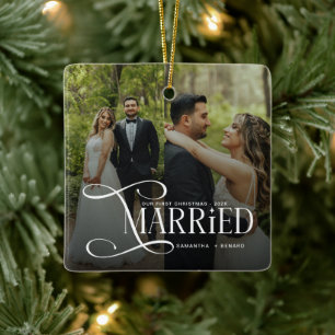 Minimal First Christmas Married Couples 2 Photos Ceramic Ornament