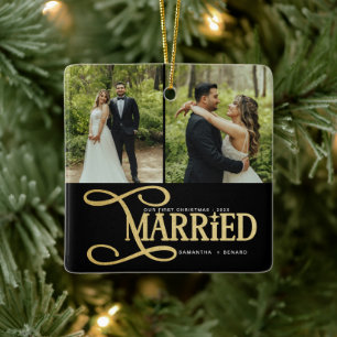 Minimal First Christmas Married Couples 2 Photos Ceramic Ornament