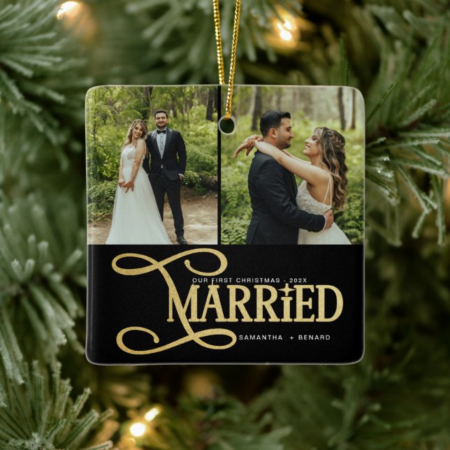 Minimal First Christmas Married Couples 2 Photos Ceramic Ornament (Tree)