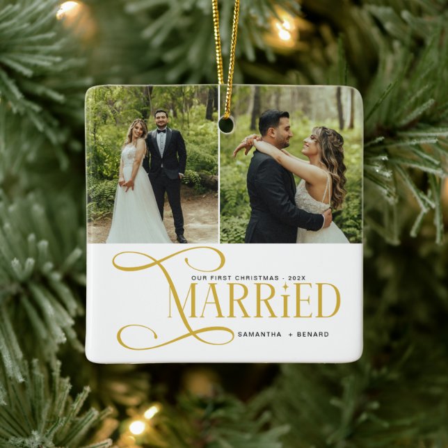 Minimal First Christmas Married Couples 2 Photos Ceramic Ornament (Tree)