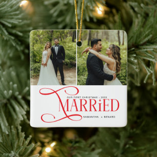 Minimal First Christmas Married Couples 2 Photos Ceramic Ornament