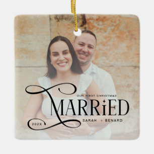 Minimal First Christmas Married Couples 2 Photos Ceramic Ornament