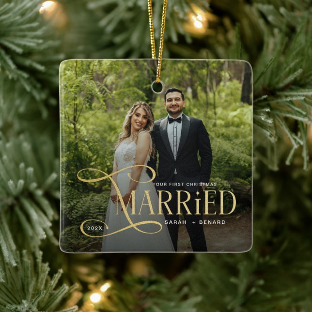 Minimal First Christmas Married Couples 2 Photos Ceramic Ornament (Tree)