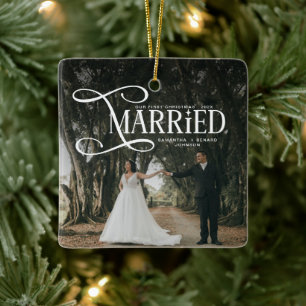 Minimal First Christmas Married Couples Photo Ceramic Ornament