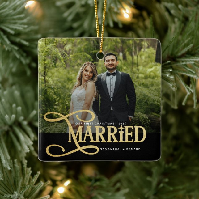 Minimal First Christmas Married Couples Photo Ceramic Ornament (Tree)