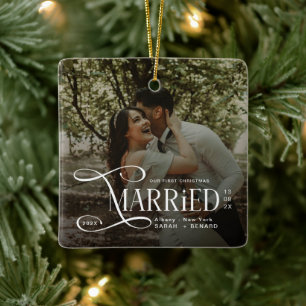 Minimal First Christmas Married Couples Photo Ceramic Ornament