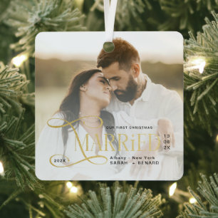 Minimal First Christmas Married Couples Photo Metal Tree Decoration