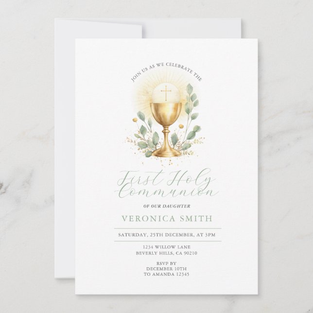 Minimal First Holy Communion Gold Chalice Cross Invitation (Front)