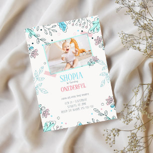 Minimal Floral 1st Birthday Photo Invitation