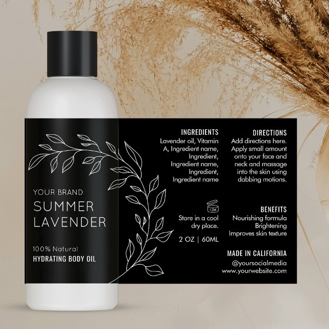 Minimal Floral 4 OZ 120ml Cosmetic Bottle Label (Modern black and white botanical design 4 OZ cosmo bottle label *verify size to ensure a good fit*)